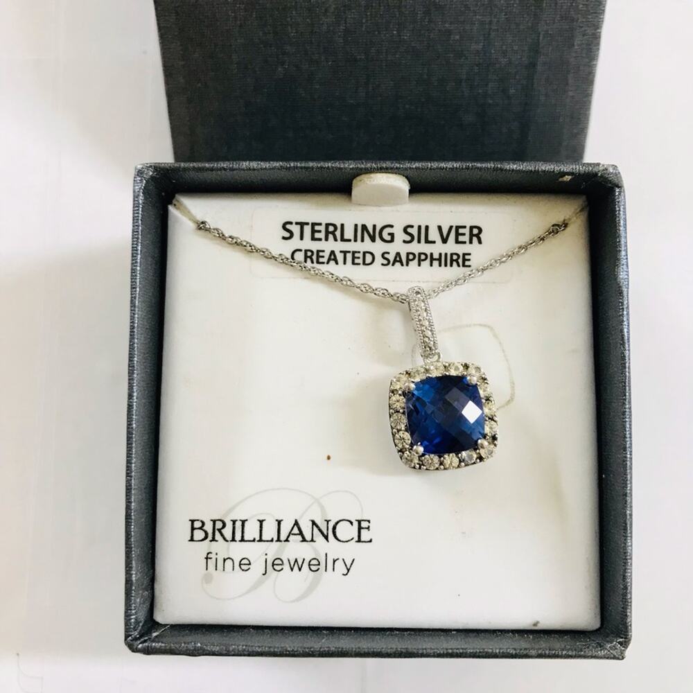 Sterling Silver Sapphire Cut Lab Created Sapphire and Diamonds Silver Necklace